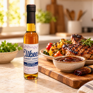 Ellbee’s Bourbon Balsamic Vinegar bottle with serving suggestions on a kitchen countertop