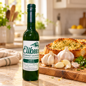Ellbee’s Garlic Olive Oil bottle with serving suggestions on a kitchen countertop