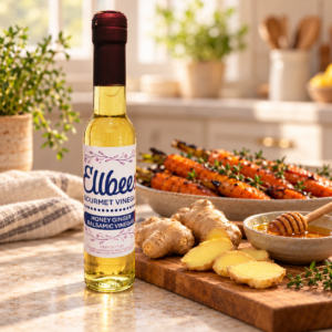 Ellbee’s Honey Ginger Balsamic Vinegar bottle with serving suggestions on a kitchen countertop