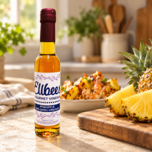 Ellbee’s Pineapple Balsamic Vinegar bottle with serving suggestions on a kitchen countertop