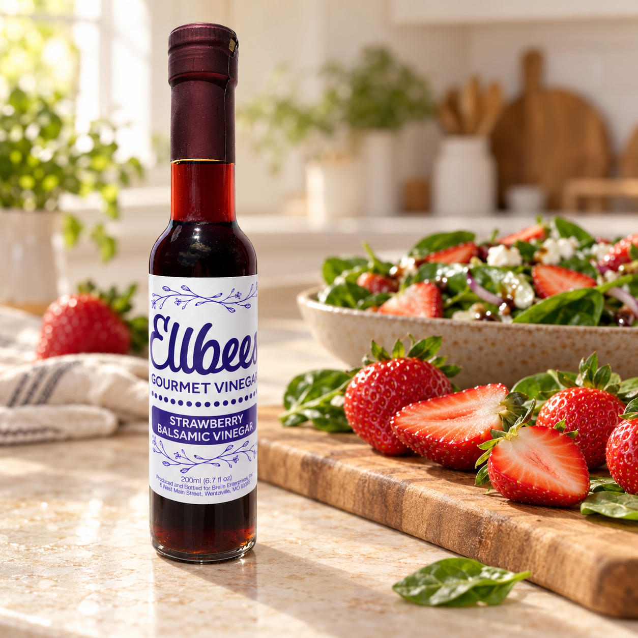 Ellbee’s Strawberry Balsamic Vinegar bottle with serving suggestions on a kitchen countertop