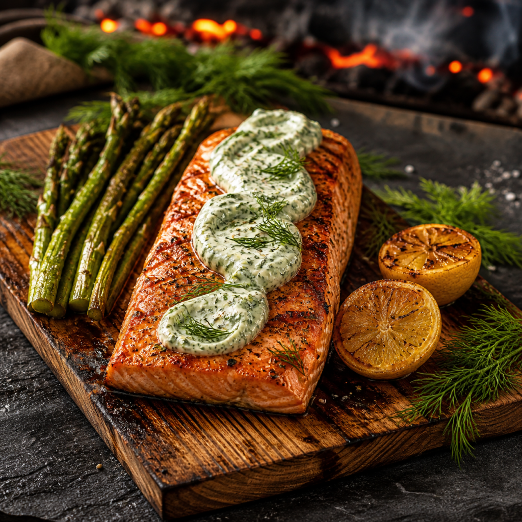 Cedar-Plank Salmon with Dill Aioli