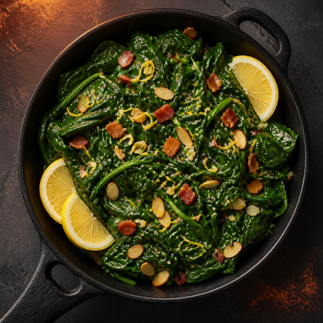 Lemon Bacon-Almond Spinach